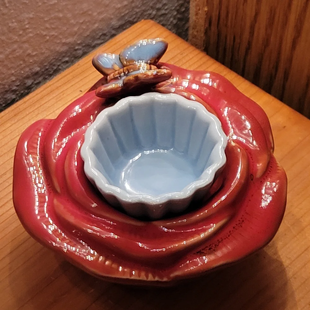 Vtg Ceramic Butterfly Flower Votive Candle Holder Removable Inner Ceramic Liner